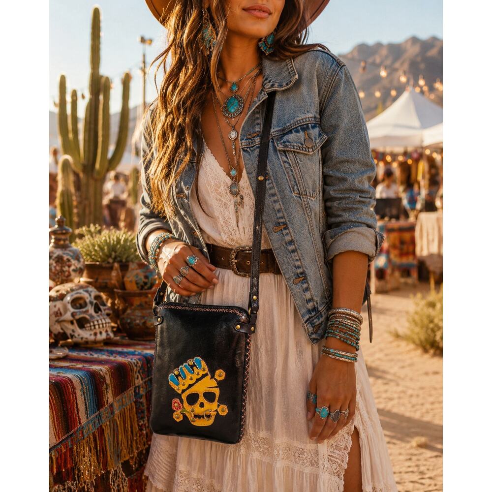 Handcrafted Leather Day of the Dead Skull Crossbody Bag Black Festival Artisan